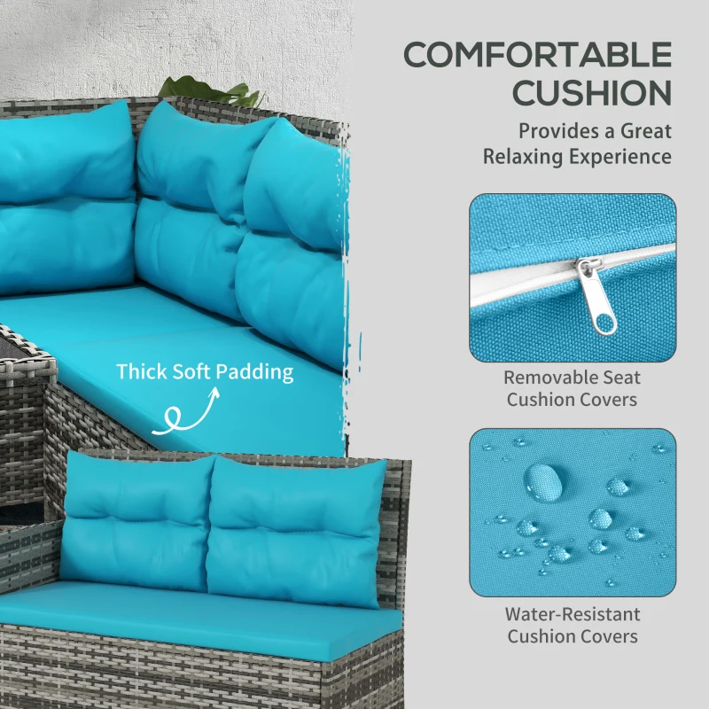 Outsunny 6pcs Outdoor Rattan Sofa Set Garden Wicker Sectional Couch Furniture Set with Dining Table and Chair Sky Blue
