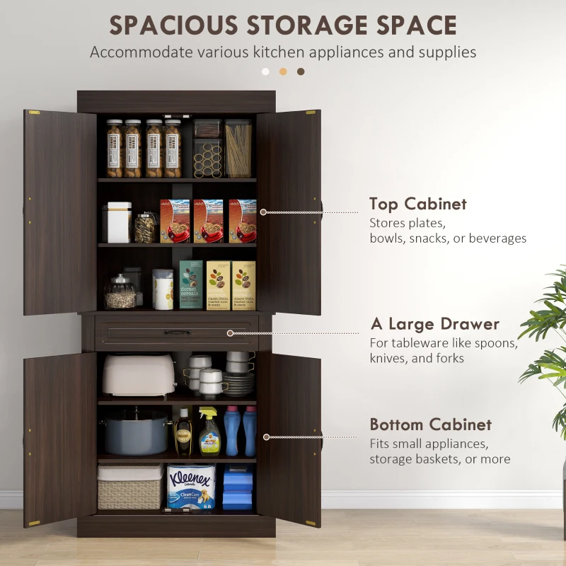 HOMCOM 71" Freestanding Kitchen Pantry with 4 Doors and 2 Large Cabinets, Tall Storage Cabinet with Drawer, Coffee