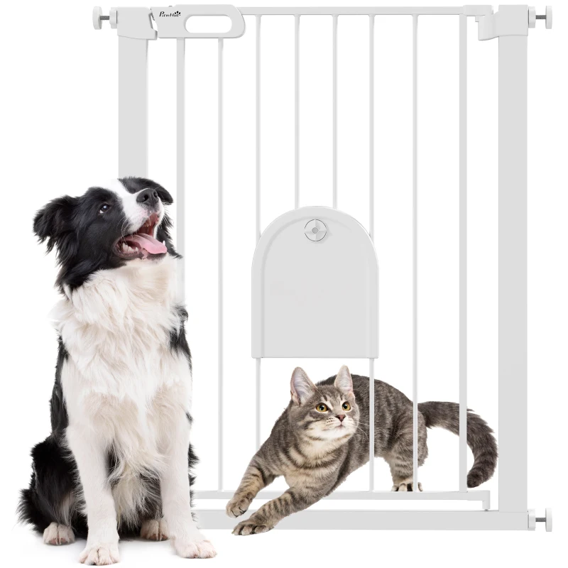 PawHut 30"-32" Extra Wide Pet Gate Barrier with Small Door, 35"H Dog Gate with Safety Gate Barrier, Stair Pressure Fit, White