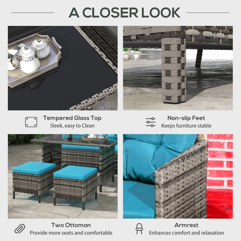 Outsunny 6pcs Outdoor Rattan Sofa Set Garden Wicker Sectional Couch Furniture Set with Dining Table and Chair Sky Blue