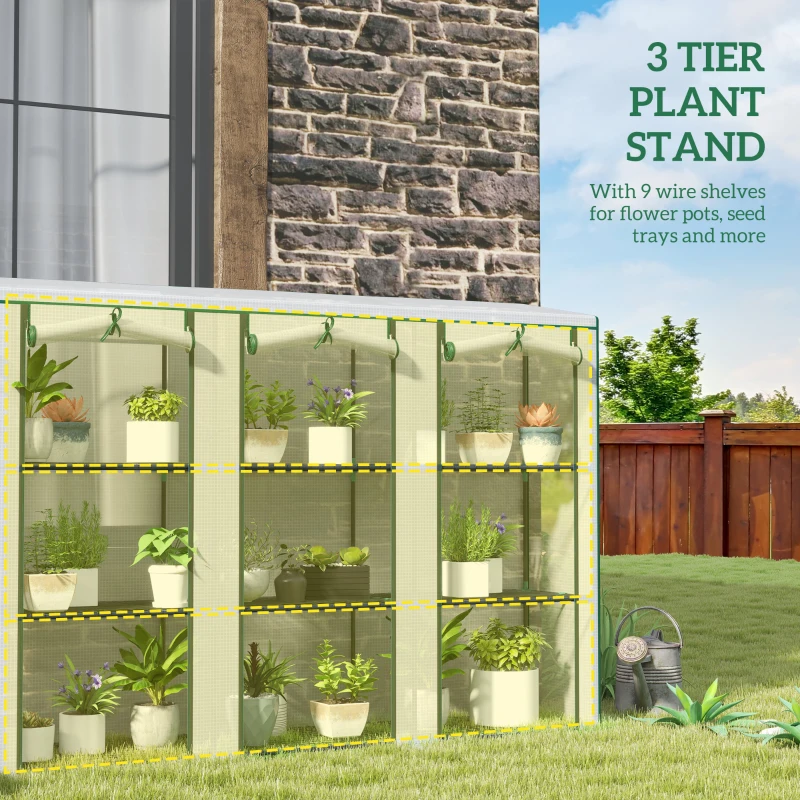 Outsunny Lean-to Greenhouse with 3 Tier Shelves, Mini Greenhouse with 3 Roll-Up Doors for Indoor Outdoor, White