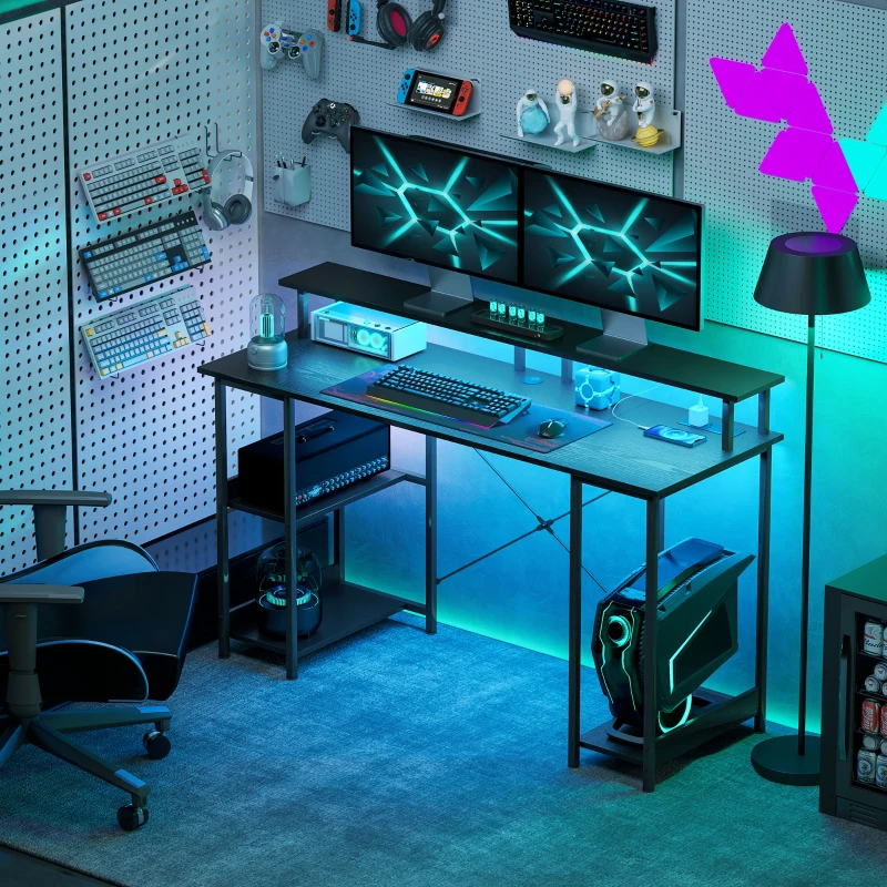 HOMCOM Computer Desk with Storage, 55" Reversible Computer Table with Power Outlets and LED Lights, Distressed Black