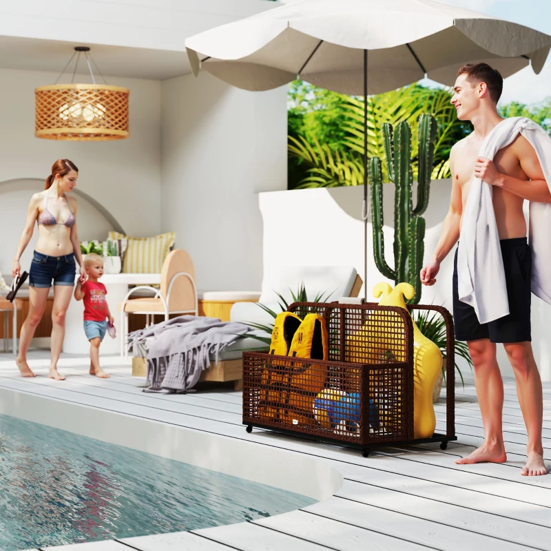 Outsunny Pool Float Storage, Pool Caddy, with Wheels, 43.25" L x 22.5" W x 28" H, Brown