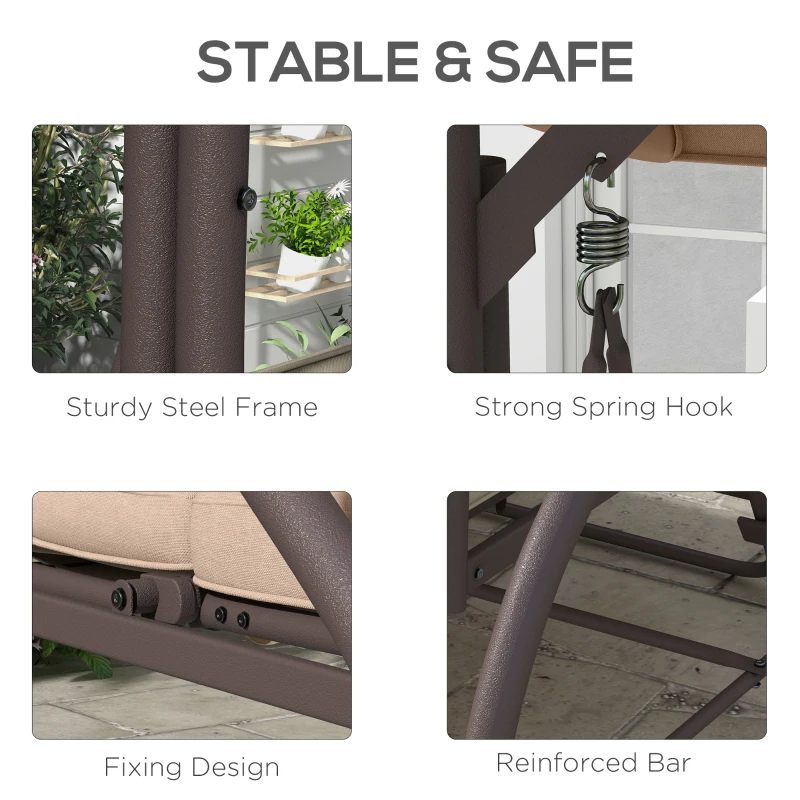 Outsunny Convertible Patio Swing Bed with Canopy and Cushions, 3 Seater Porch Swing for Outdoor, Backyard, Garden, Khaki