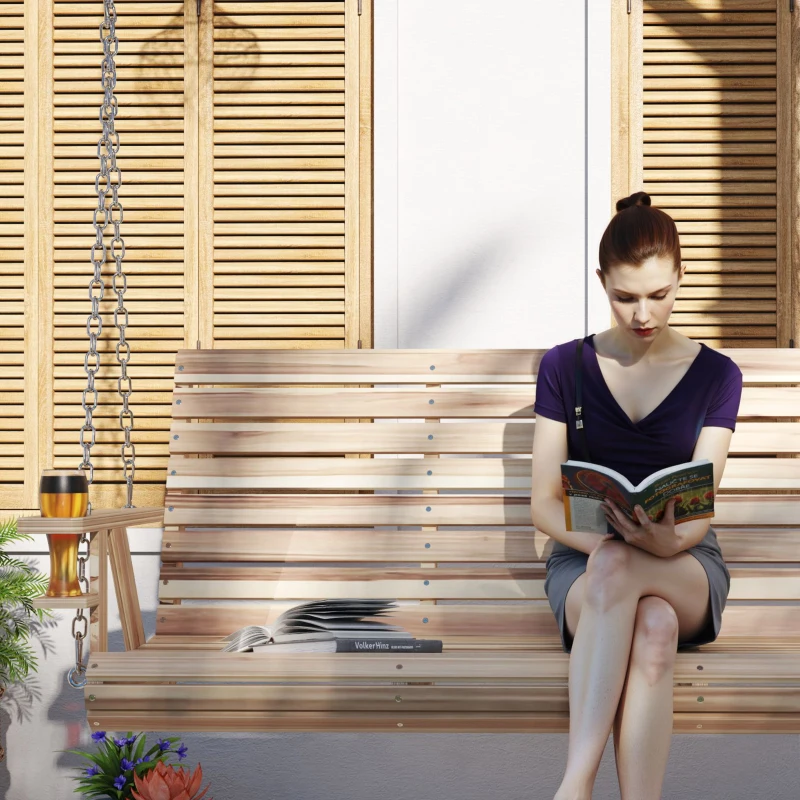 Outsunny 3-Seater Swing Bench, Wooden Porch Swing with Cupholders, Hanging Chains for Patio Garden, Nature Wood