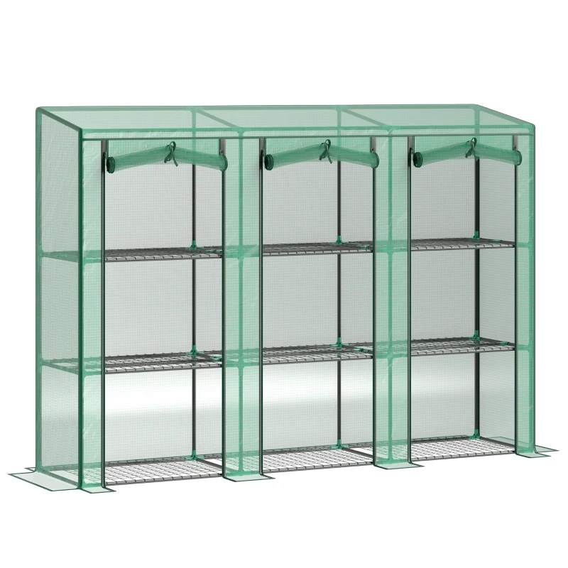 Outsunny Lean-to Greenhouse with 3 Tier Shelves, Mini Greenhouse with 3 Roll-Up Doors for Indoor Outdoor, Green