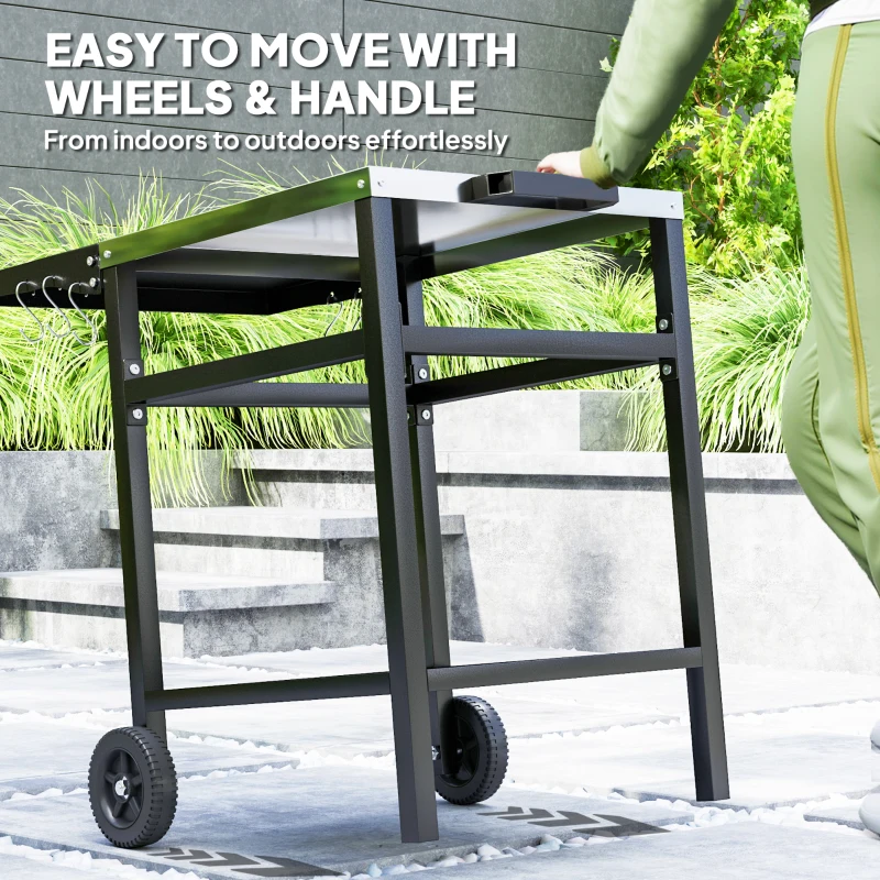 Outsunny Outdoor Grill Dining Cart with Stainless Steel Top and Foldable Side Table, BBQ Movable Pizza Oven Stand Food Prep Table Trolley with Hooks Shelf Cover, Black