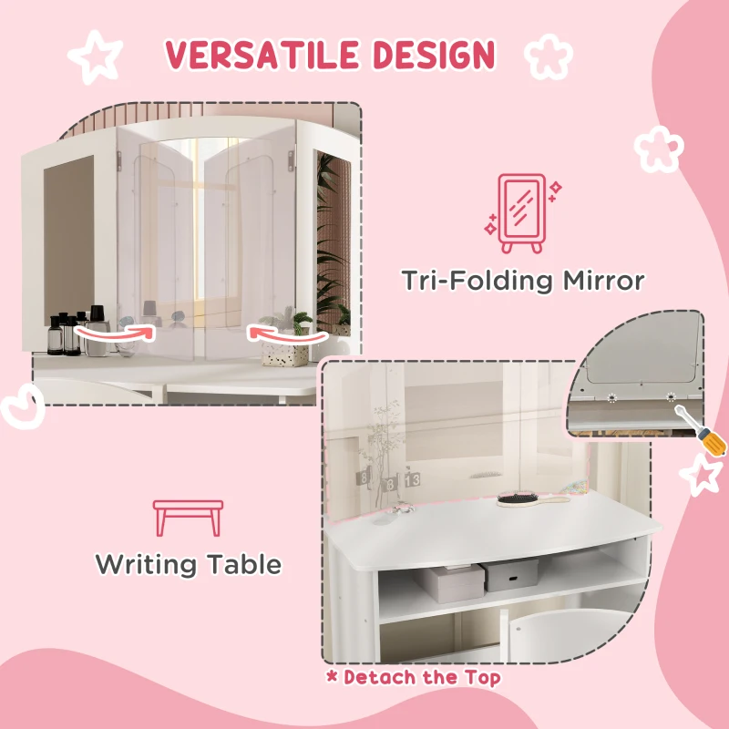 Qaba 2 in 1 Kids Vanity Set Makeup Dressing Table Pretend Play Set with Tri-Folding Mirror, Stool, Storage Shelf