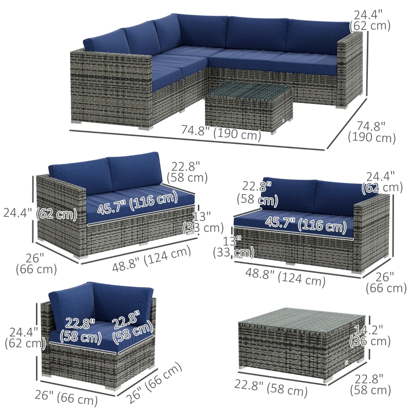 Outsunny 4 Pieces Rattan Wicker Outdoor Conversation Furniture Set w/ Corner Sofa Loveseats Coffee Table Cushions, Navy Blue