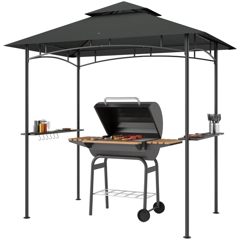 Outsunny 8' x 5' Outdoor Grill Gazebo, Double Tiered Barbecue Grill Gazebo Shelter with 2 Side Shelves, Hooks, Dark Grey