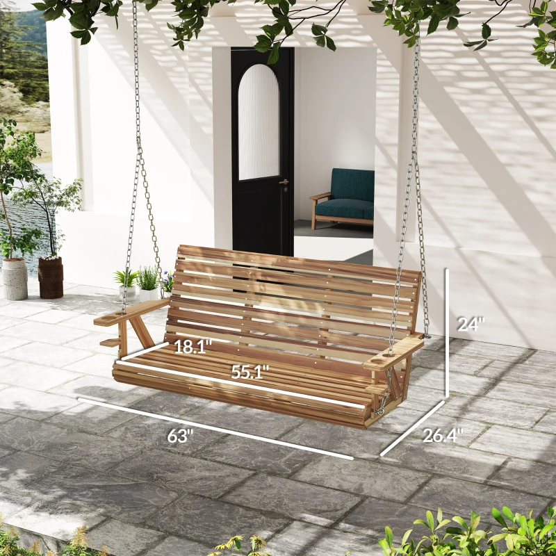 Outsunny 3-Seater Swing Bench, Wooden Porch Swing with Cupholders, Hanging Chains for Patio Garden, Nature Wood