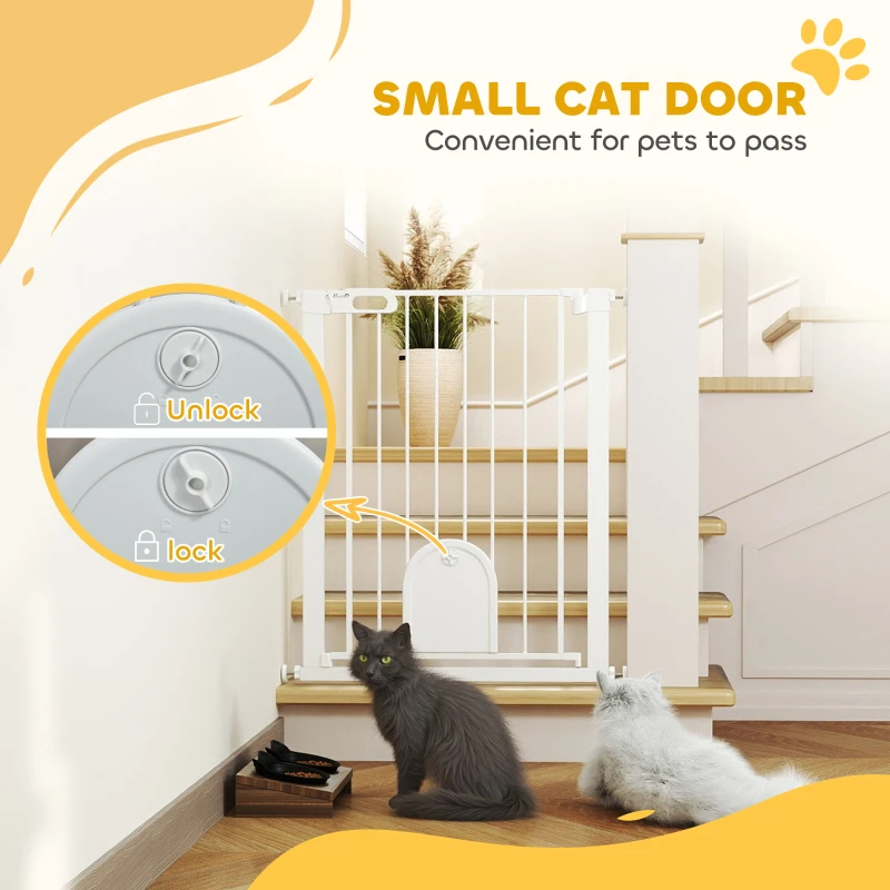 PawHut 30"-32" Extra Wide Pet Gate Barrier with Small Door, 35"H Dog Gate with Safety Gate Barrier, Stair Pressure Fit, White
