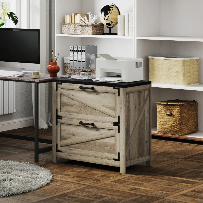 HOMCOM 2 Drawer Filing Cabinet, Farmhouse Office Storage Cabinet with Adjustable Hanging Bars for Letter, A4, Legal Size, Grey