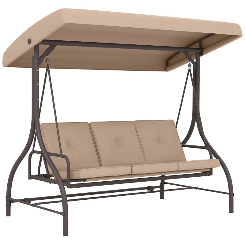 Outsunny Convertible Patio Swing Bed with Canopy and Cushions, 3 Seater Porch Swing for Outdoor, Backyard, Garden, Khaki