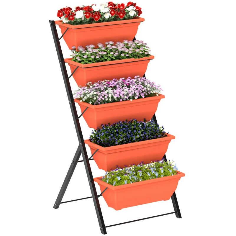 Outsunny 5-Tier Raised Garden Bed Plant Stand Flower Pots with Leaking Holes Red