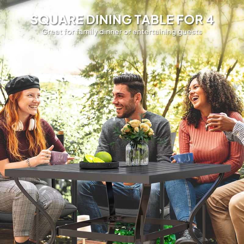 Outsunny 37" Square Outdoor Dining Table, Galvanized Steel Patio Table with 2" Umbrella Hole, Slatted Metal Top, Black
