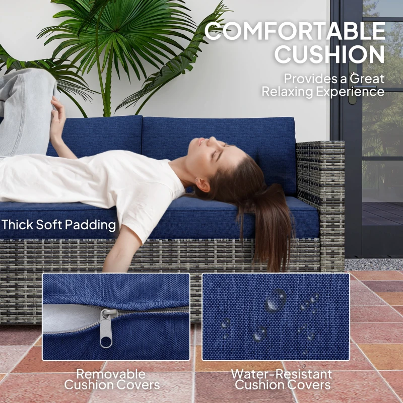 Outsunny 4 Pieces Rattan Wicker Outdoor Conversation Furniture Set w/ Corner Sofa Loveseats Coffee Table Cushions, Navy Blue