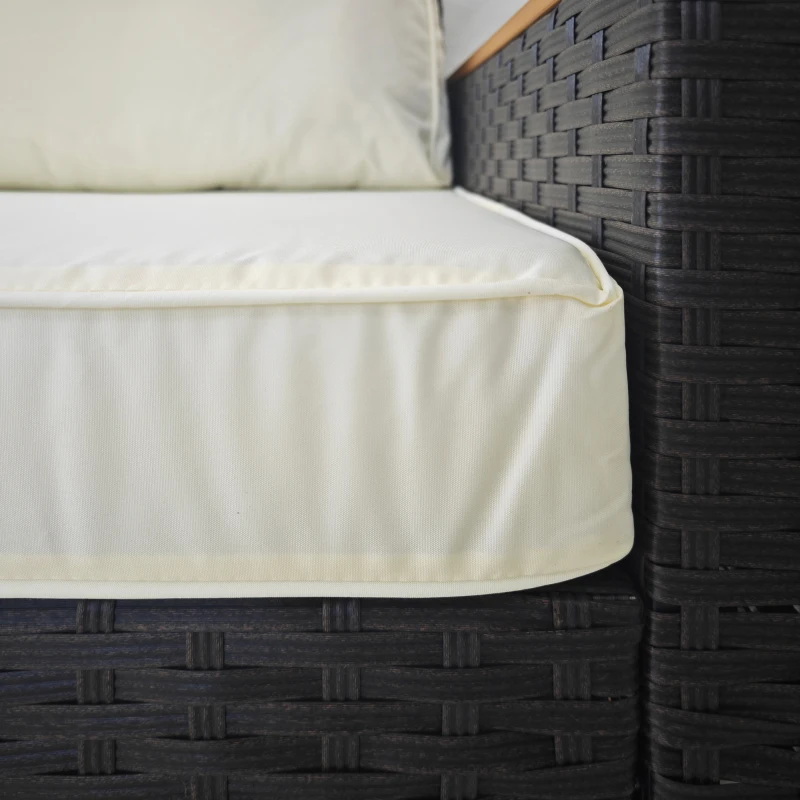 Outsunny 3-Seat Outdoor Couch with Cushions, PE Rattan Patio Couch with Wood Grain Armrests, Outdoor Sofa for Porch, Sunroom, Garden, Poolside, Cream White