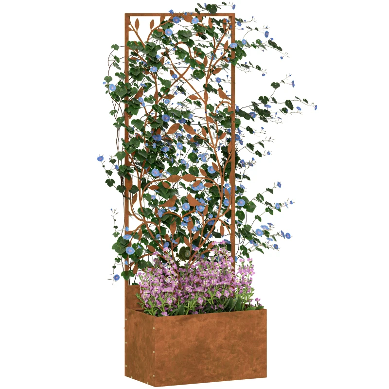 Outsunny Raised Garden Bed with Outdoor Privacy Screen, Metal Planter Box with Trellis, Wall-Mounted or Freestanding, Brown