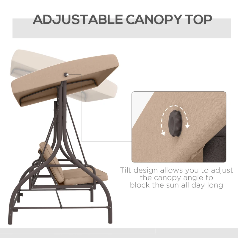 Outsunny Convertible Patio Swing Bed with Canopy and Cushions, 3 Seater Porch Swing for Outdoor, Backyard, Garden, Khaki
