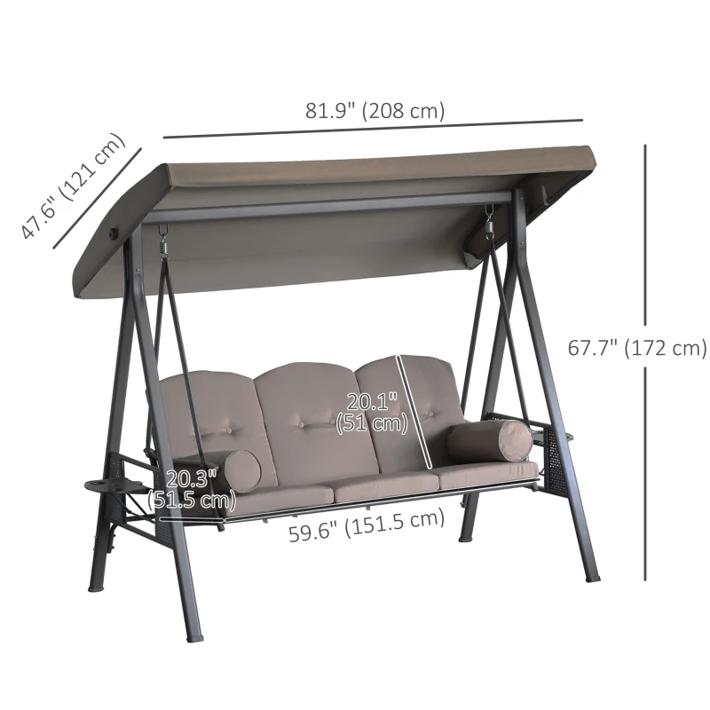 Outsunny 3 Seater Porch Swing Heavy Duty Outdoor Swing Chair Outdoor Lounge Hammock Cushioned Seat W/ Tilt Canopy, Brown