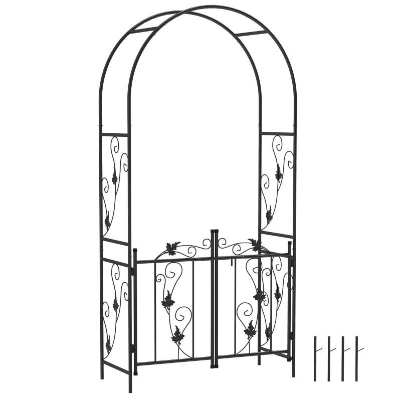 Outsunny 7ft Steel Garden Arch with Gate, Garden Arbor Trellis for Climbing Plants, Roses, Vines, Wedding Arch for Outdoor, Garden, Lawn, Backyard, Black