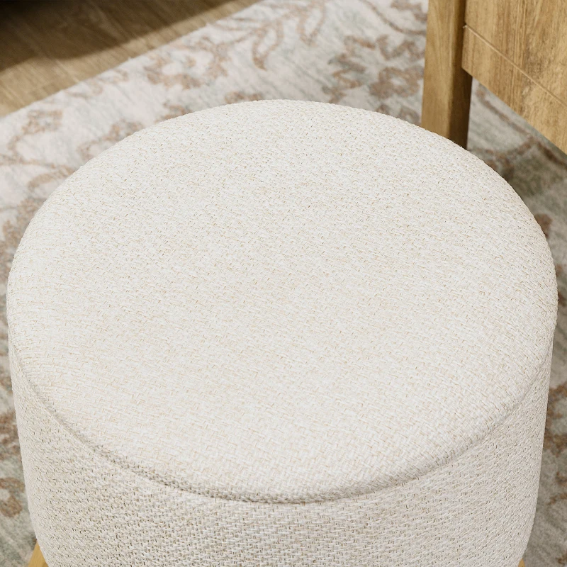 HOMCOM Round Ottoman Stool with Storage, Linen Fabric Upholstered Foot Stool with Padded Seat, Hidden Space and Wood Legs