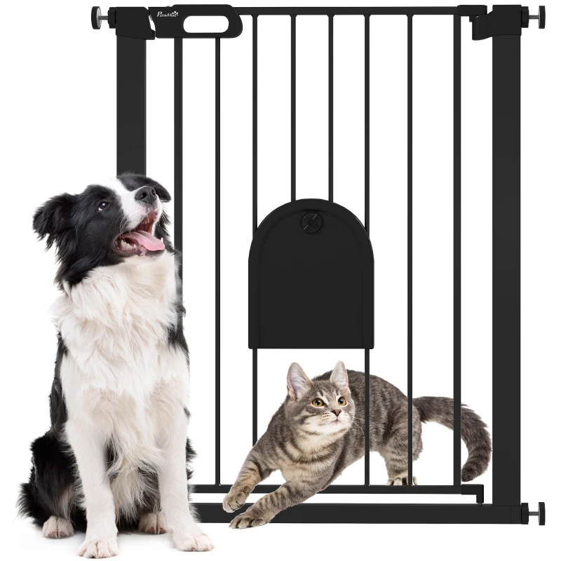 PawHut 30"-32" Extra Wide Pet Gate Barrier with Small Door, 35"H Dog Gate with Safety Gate Barrier, Stair Pressure Fit, Black