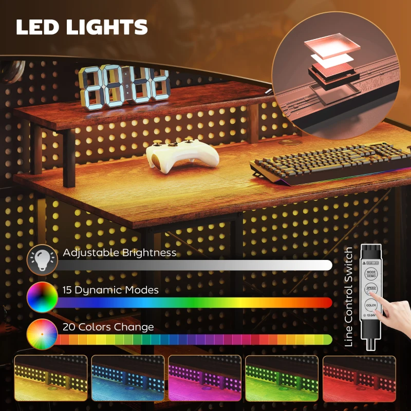 HOMCOM Computer Desk with Storage, 55" Reversible Computer Table with Power Outlets and LED Lights, Rustic Brown