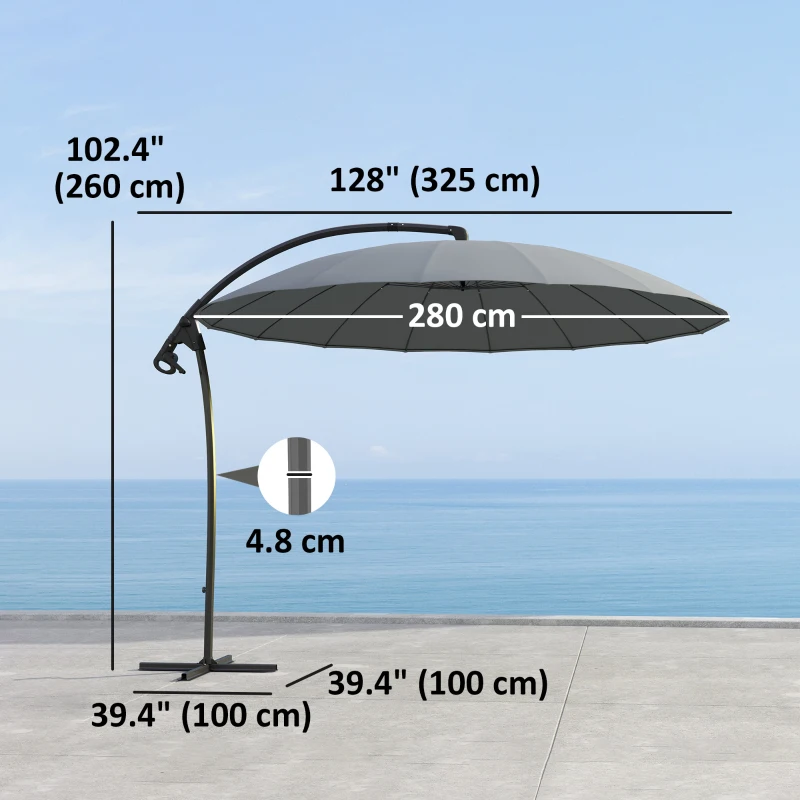 Outsunny 9FT Cantilever Umbrella with 16 Fibreglass Ribs, Offset Hanging Umbrella, Patio Umbrella with Crank and Cross Base, Grey