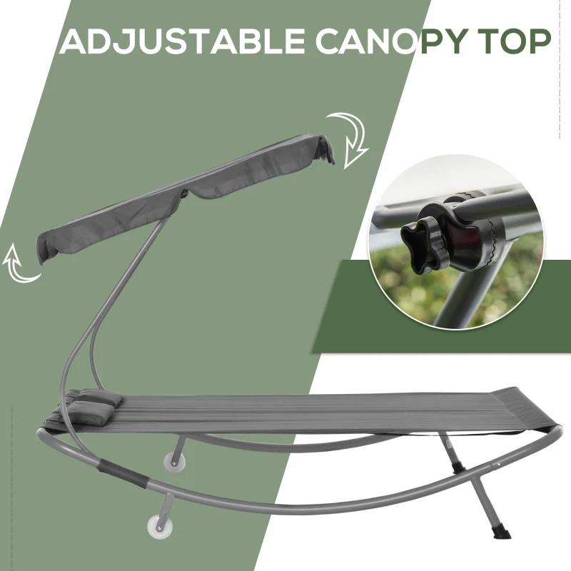 Outsunny Double Patio Lounger with Adjustable Canopy, Outdoor Daybed Hammock Lounger with Headrest Pillows, Two Moving Wheels for Poolside, Garden, Grey