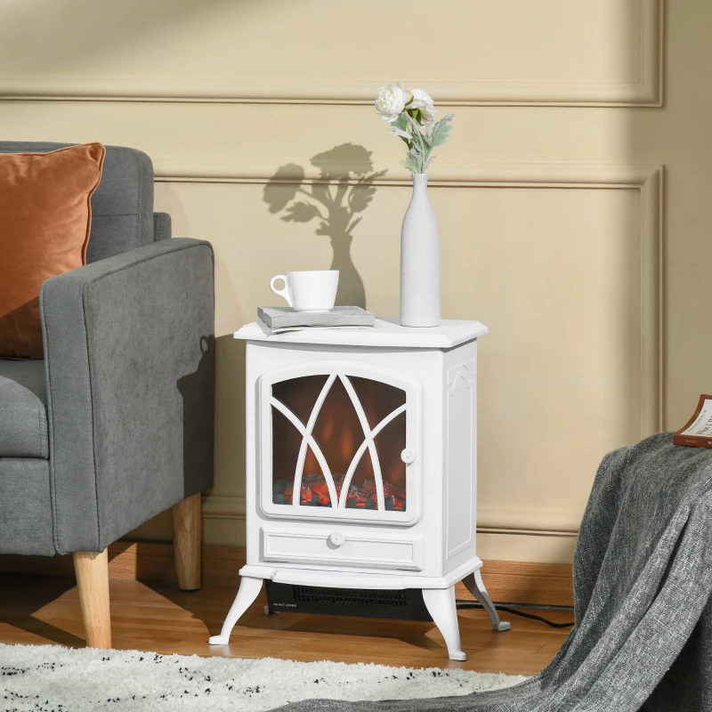 HOMCOM Free Stand Electric Fireplace Stove Heater with Adjustable LED Flame Effect and Front Door, 750W/1500W, White