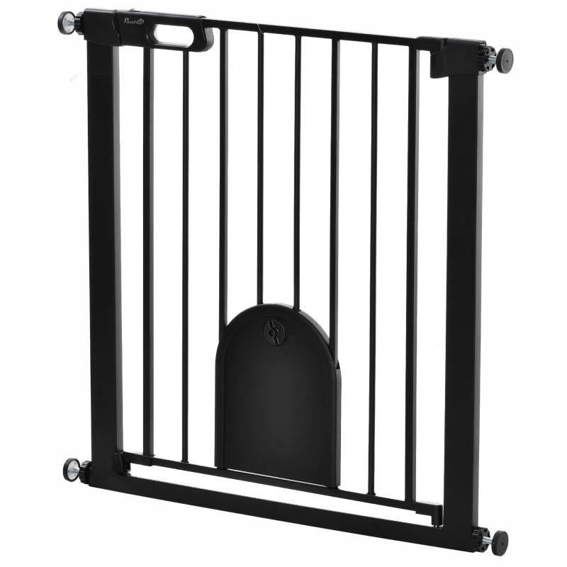 PawHut 30"-32" Extra Wide Pet Gate Barrier with Small Door, 30"H Dog Gate with Safety Gate Barrier, Stair Pressure Fit, Black