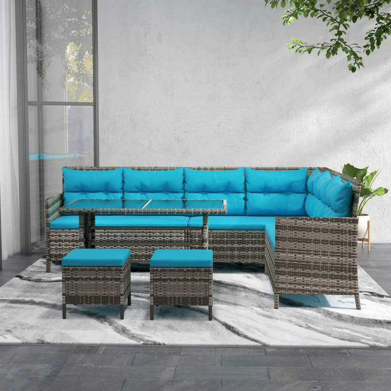 Outsunny 6pcs Outdoor Rattan Sofa Set Garden Wicker Sectional Couch Furniture Set with Dining Table and Chair Sky Blue