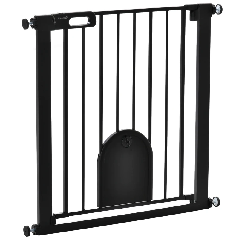 PawHut 30"-32" Extra Wide Pet Gate Barrier with Small Door, 30"H Dog Gate with Safety Gate Barrier, Stair Pressure Fit, Black
