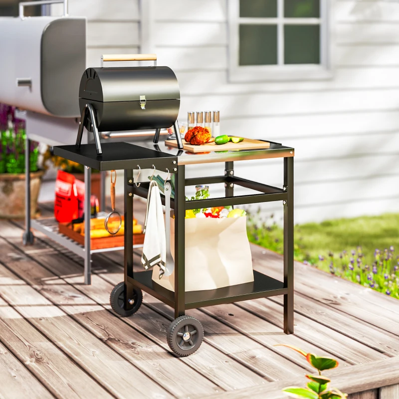 Outsunny Outdoor Grill Dining Cart with Stainless Steel Top and Foldable Side Table, BBQ Movable Pizza Oven Stand Food Prep Table Trolley with Hooks Shelf Cover, Black