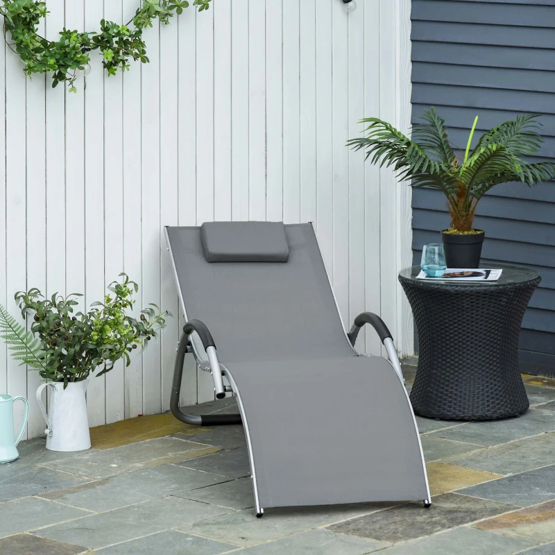 Outsunny Ergonomic Lounger Chair Portable Armchair with Removable Headrest Pillow for Garden Patio Outside All Aluminum Frame Dark Grey