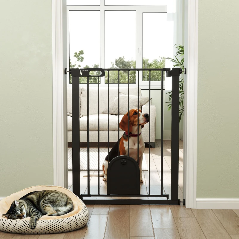 PawHut 30"-32" Extra Wide Pet Gate Barrier with Small Door, 35"H Dog Gate with Safety Gate Barrier, Stair Pressure Fit, Black