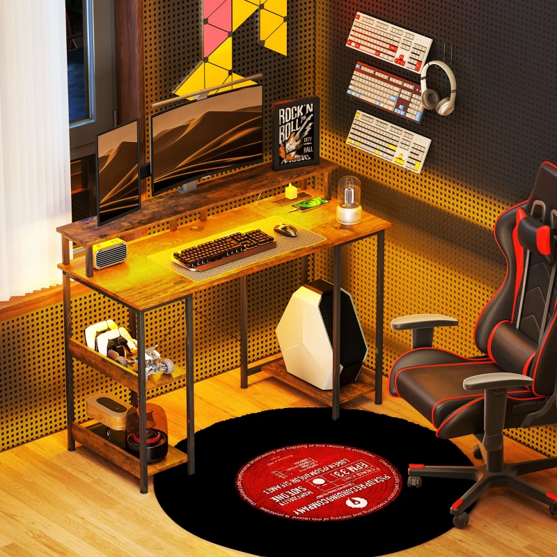 HOMCOM Computer Desk with Storage, 47" Reversible Computer Table with Power Outlets and LED Lights, Rustic Brown