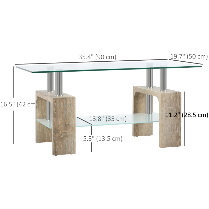 HOMCOM Rectangle Glass Coffee Table, 2-Tier Center Table with Tempered Glass Top and Storage Shelf for Living Room, Natural