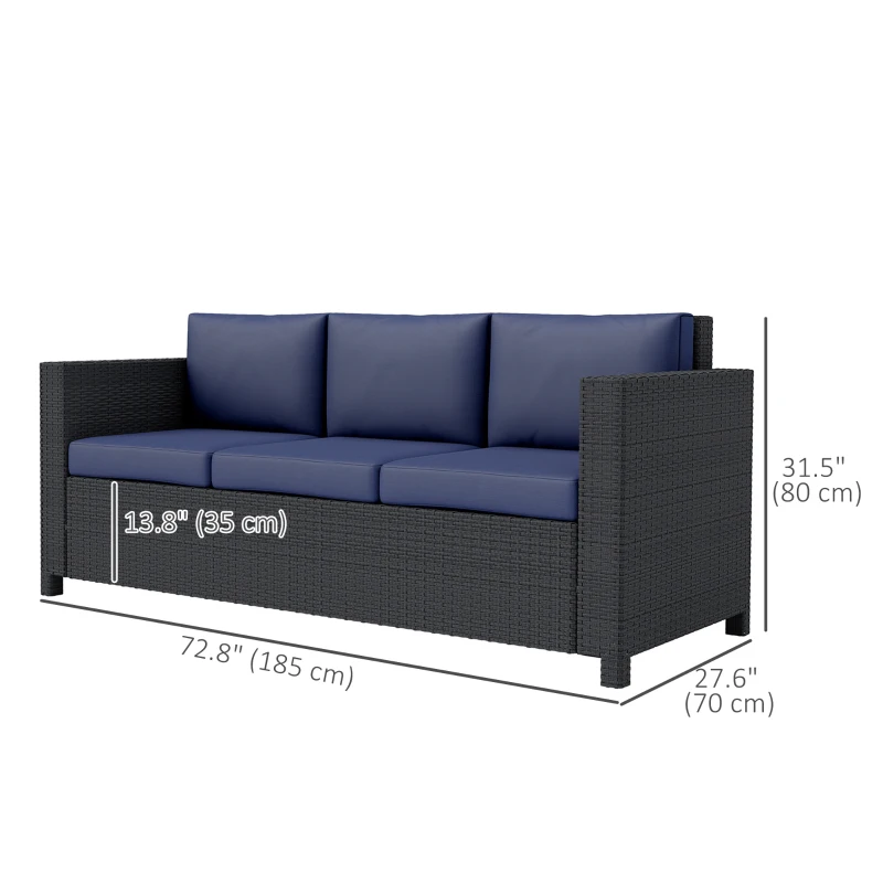 Outsunny Deluxe 3 Seat Rattan Wicker Sofa Garden Outdoor Patio Furniture with Cushion, Navy Blue