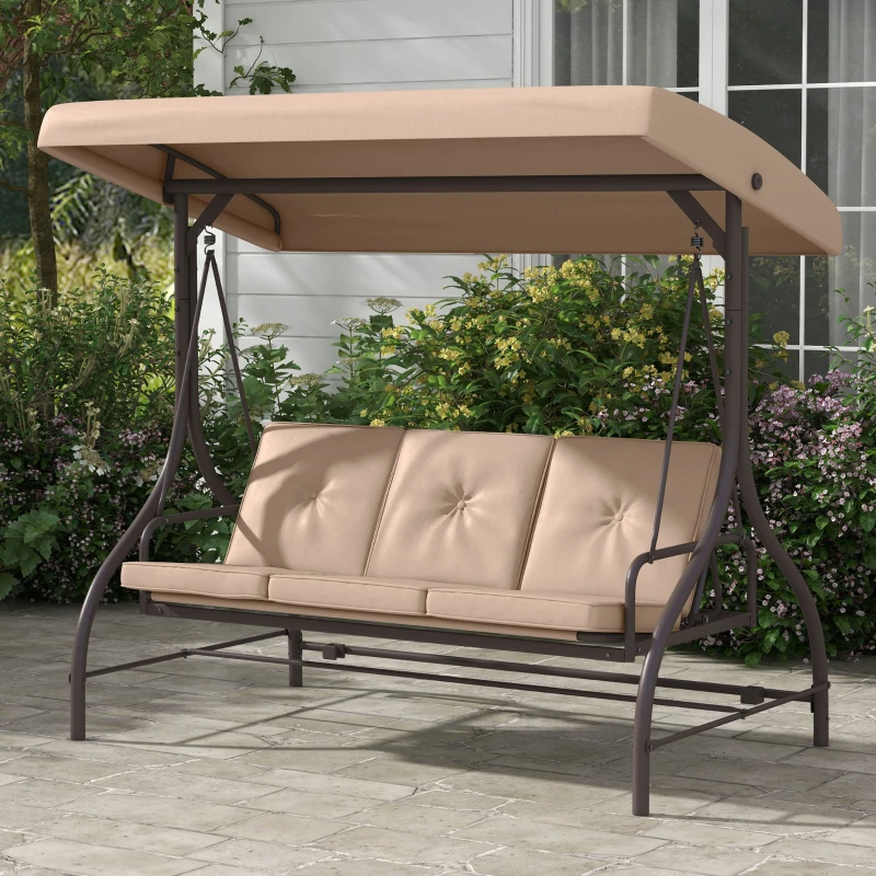 Outsunny Convertible Patio Swing Bed with Canopy and Cushions, 3 Seater Porch Swing for Outdoor, Backyard, Garden, Khaki