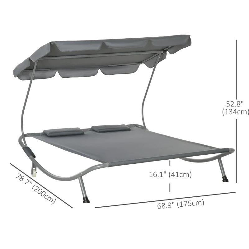 Outsunny Double Patio Lounger with Adjustable Canopy, Outdoor Daybed Hammock Lounger with Headrest Pillows, Two Moving Wheels for Poolside, Garden, Grey