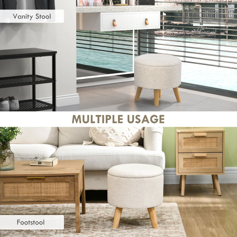 HOMCOM Round Ottoman Stool with Storage, Linen Fabric Upholstered Foot Stool with Padded Seat, Hidden Space and Wood Legs