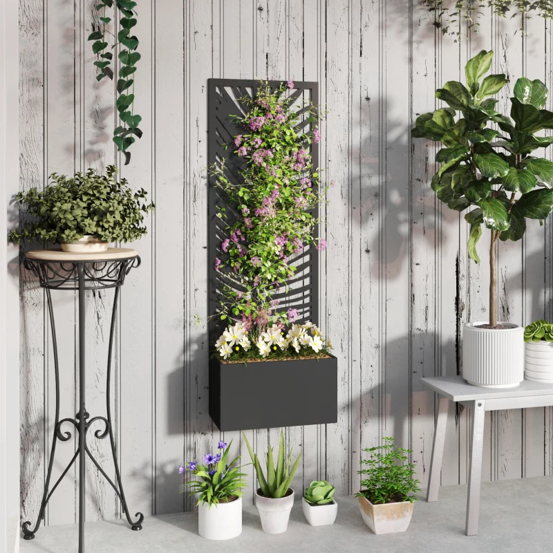 Outsunny Raised Garden Bed with Outdoor Privacy Screen, Metal Planter Box with Trellis, Wall-Mounted or Freestanding, Black