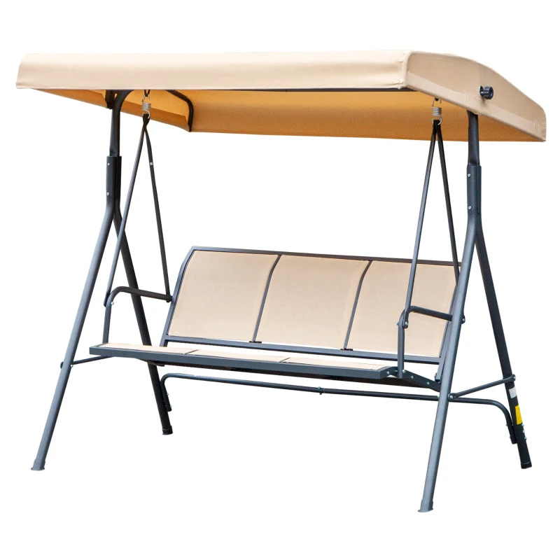 Outsunny 3-Seater Swing Chair Covered Garden Hammock A-Frame Outdoor Porch Glider Sling Seat with Adjustable Canopy Cover, Beige