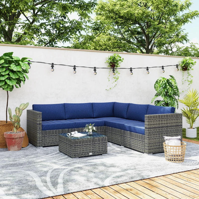 Outsunny 4 Pieces Rattan Wicker Outdoor Conversation Furniture Set w/ Corner Sofa Loveseats Coffee Table Cushions, Navy Blue