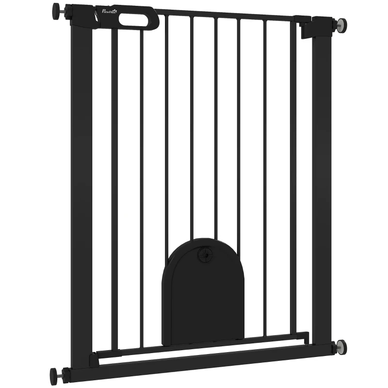PawHut 30"-32" Extra Wide Pet Gate Barrier with Small Door, 35"H Dog Gate with Safety Gate Barrier, Stair Pressure Fit, Black