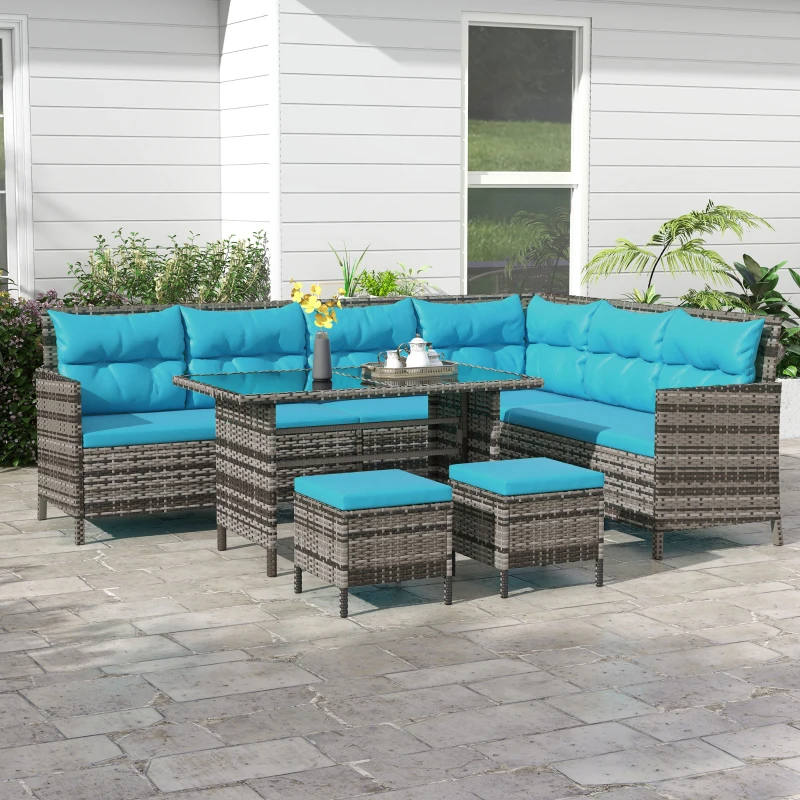 Outsunny 6pcs Outdoor Rattan Sofa Set Garden Wicker Sectional Couch Furniture Set with Dining Table and Chair Sky Blue