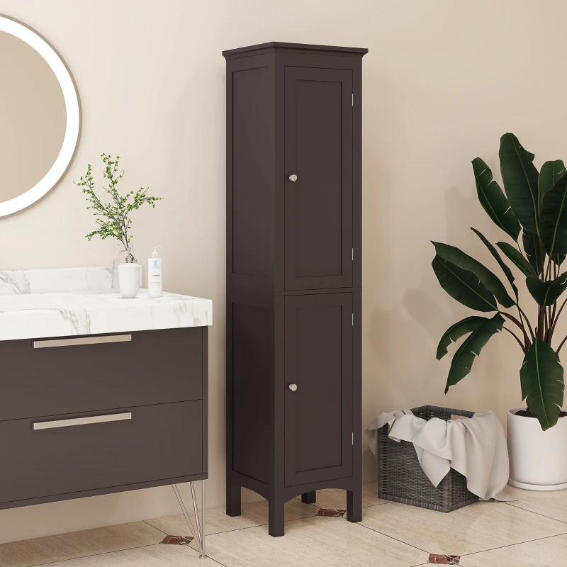 kleankin Tall Bathroom Cabinet, Freestanding Storage Organizer with Adjustable Shelves and Cupboards, 15" x 13" x 63", Dark Brown
